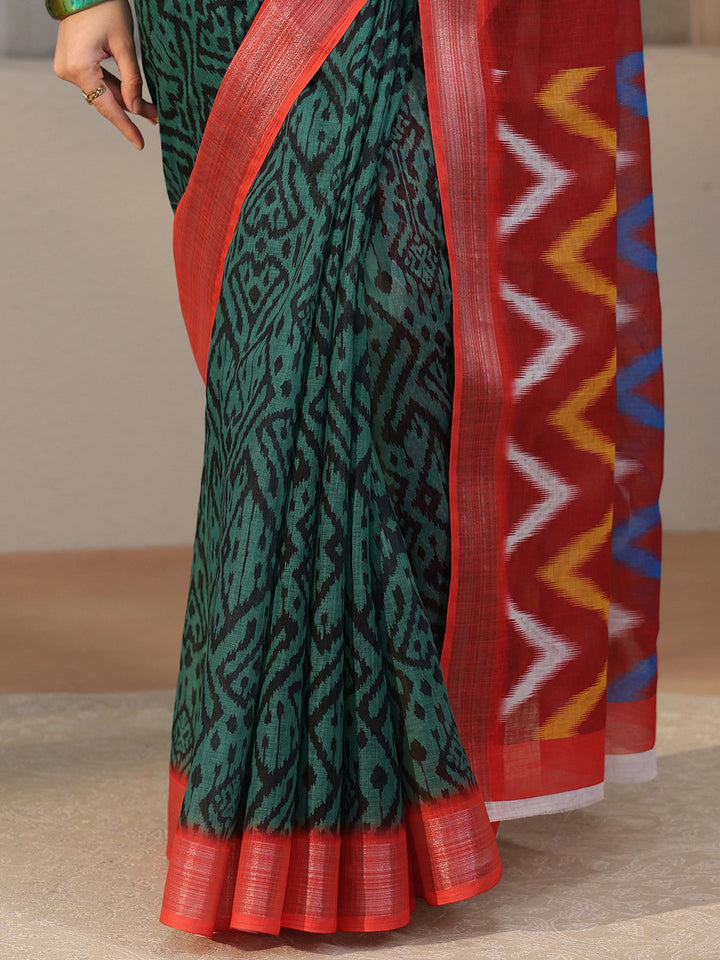 Libas Multi Colour Ikat Style Chevron Printed Cotton Blend Saree
