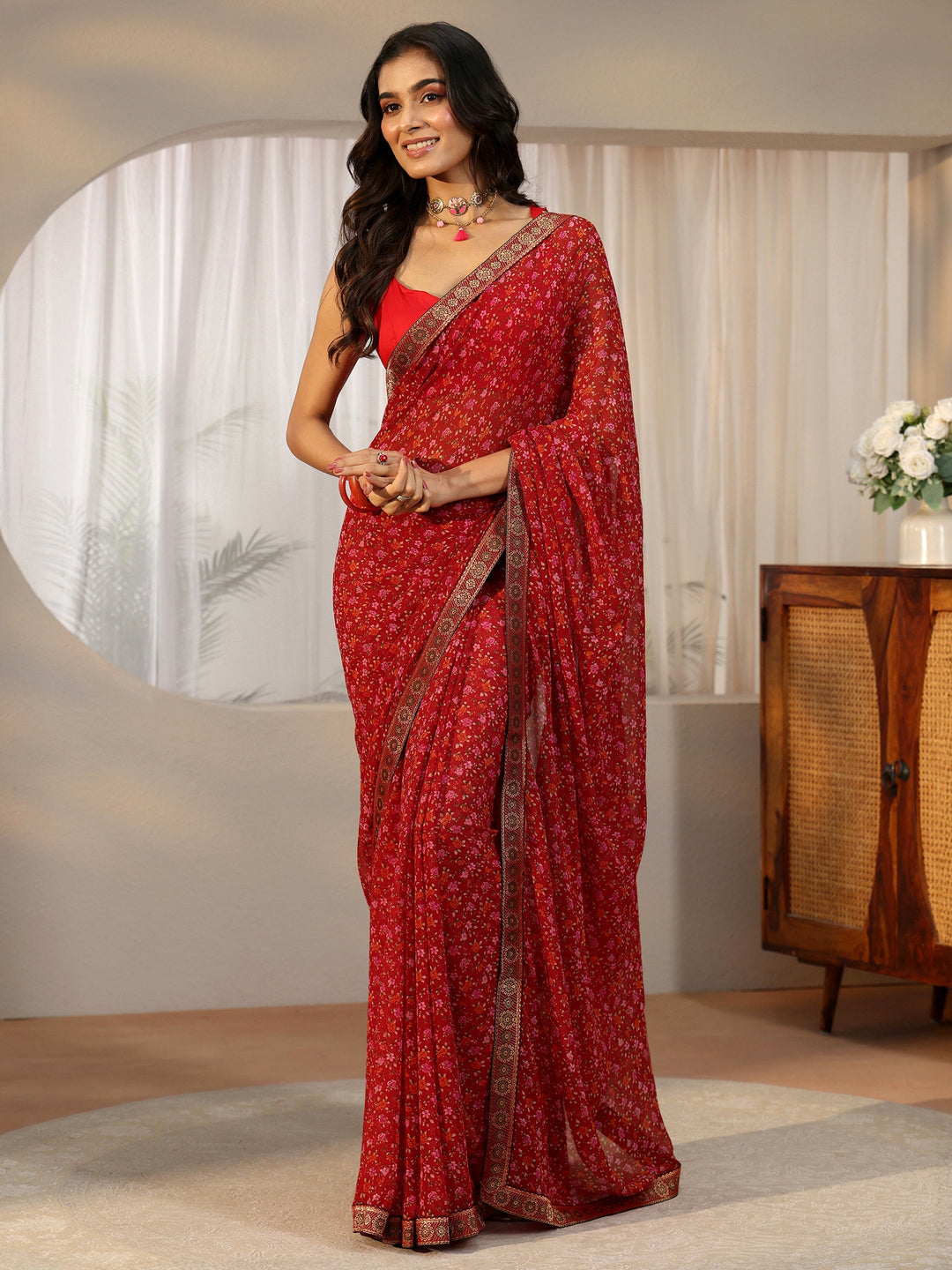 Libas Crimson Red Floral Printed Georgette Saree