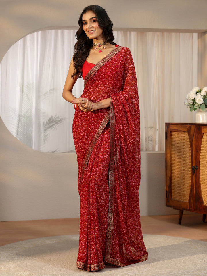 Libas Crimson Red Floral Printed Georgette Saree