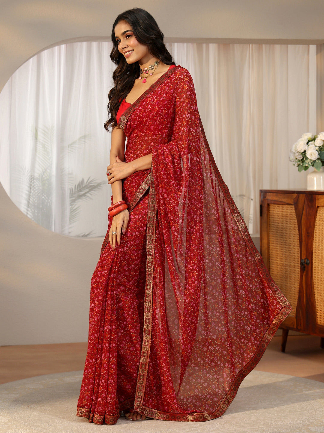 Libas Crimson Red Floral Printed Georgette Saree