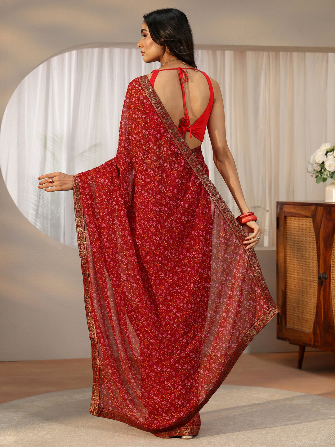Libas Crimson Red Floral Printed Georgette Saree