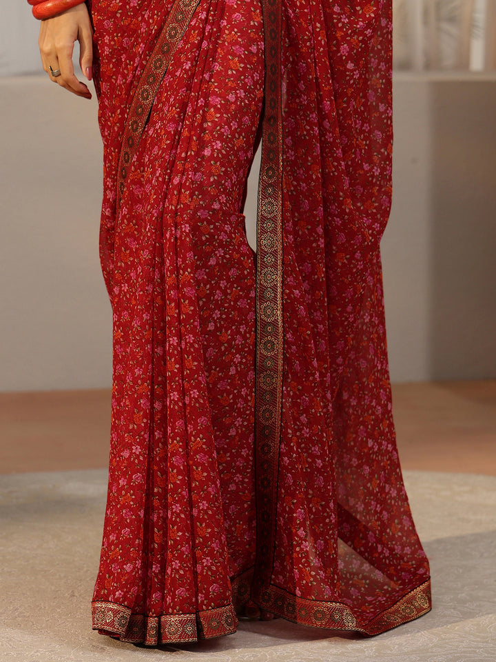 Libas Crimson Red Floral Printed Georgette Saree