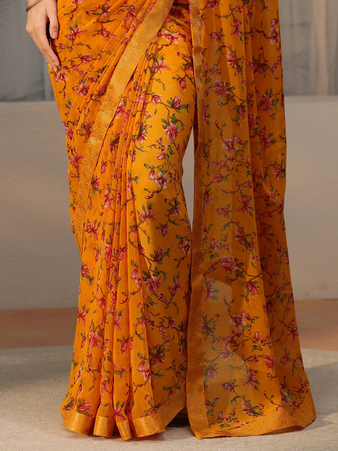 Libas Mustard Floral Printed Georgette Saree