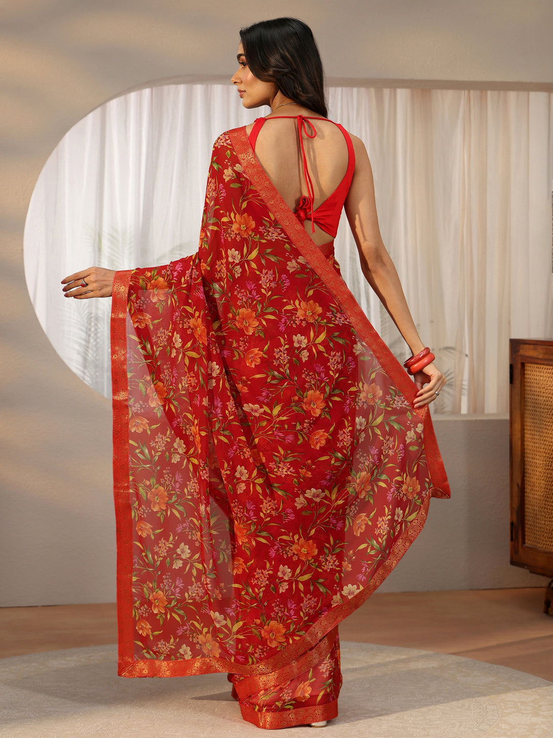 Libas Vermilion Red Floral Printed Georgette Saree