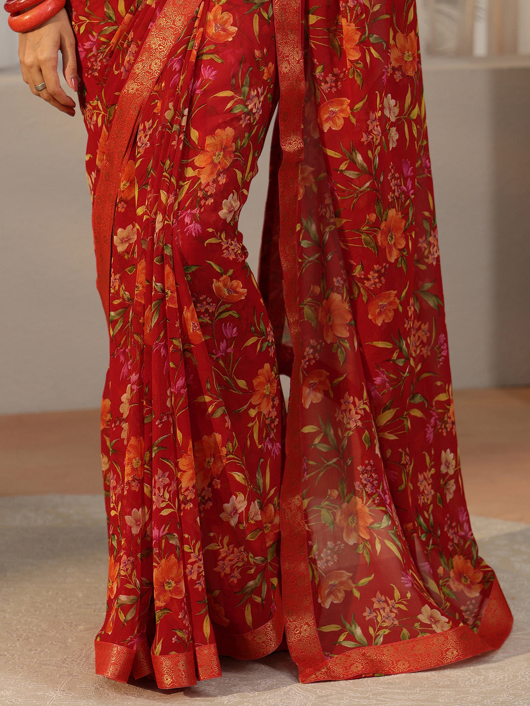 Libas Vermilion Red Floral Printed Georgette Saree