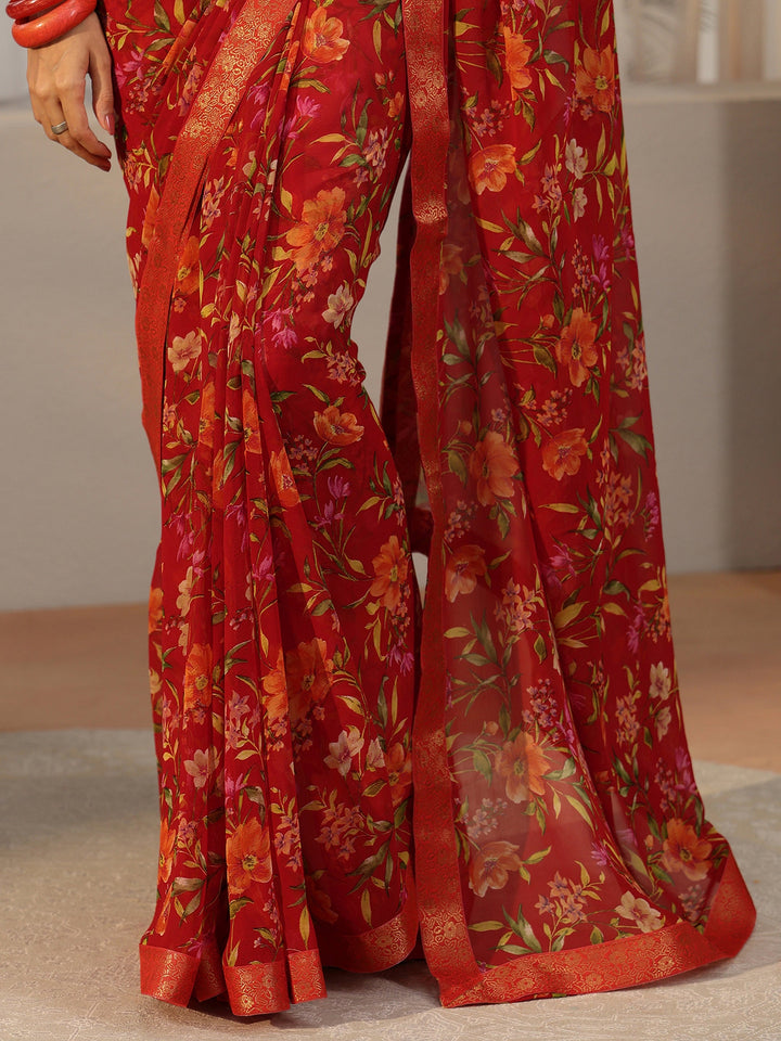 Libas Vermilion Red Floral Printed Georgette Saree