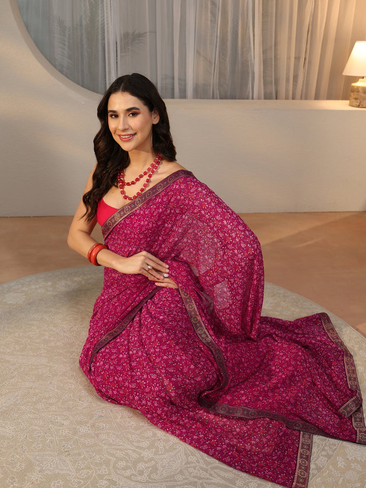Libas Magenta Pink Floral Printed Georgette Saree