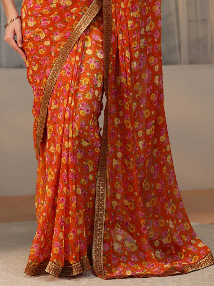 Libas Orange Floral Printed Georgette Saree