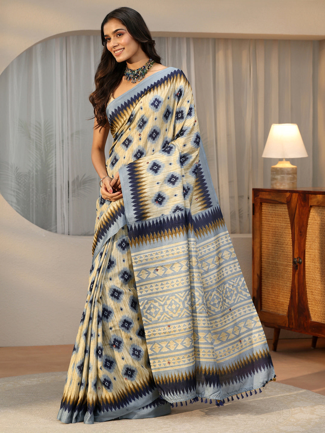 Libas Beige Ikat Printed Cotton Blend Saree