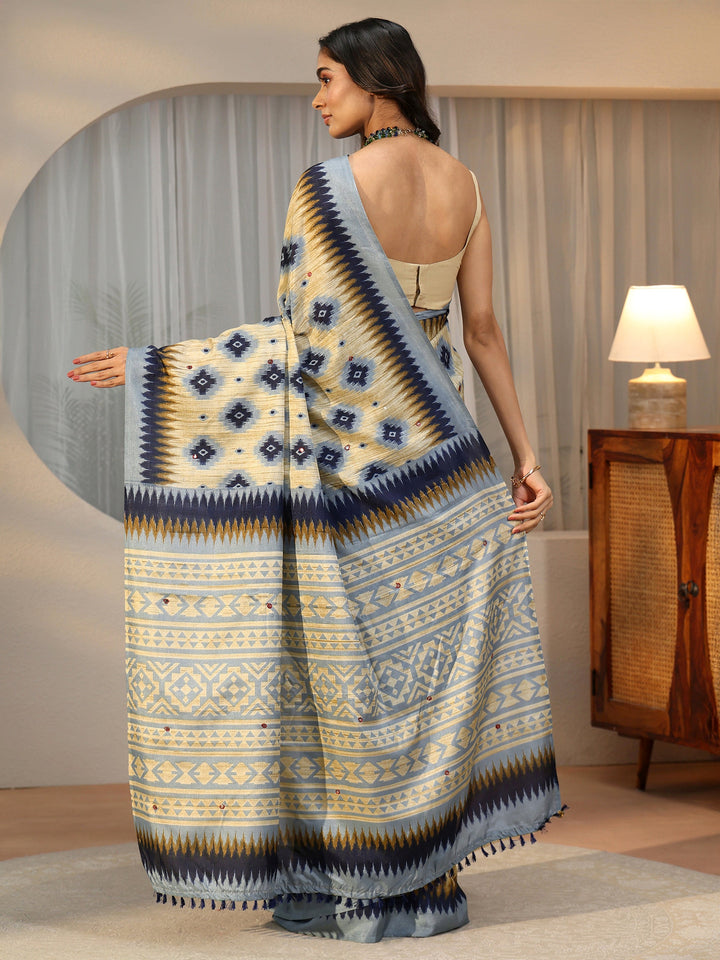 Libas Beige Ikat Printed Cotton Blend Saree