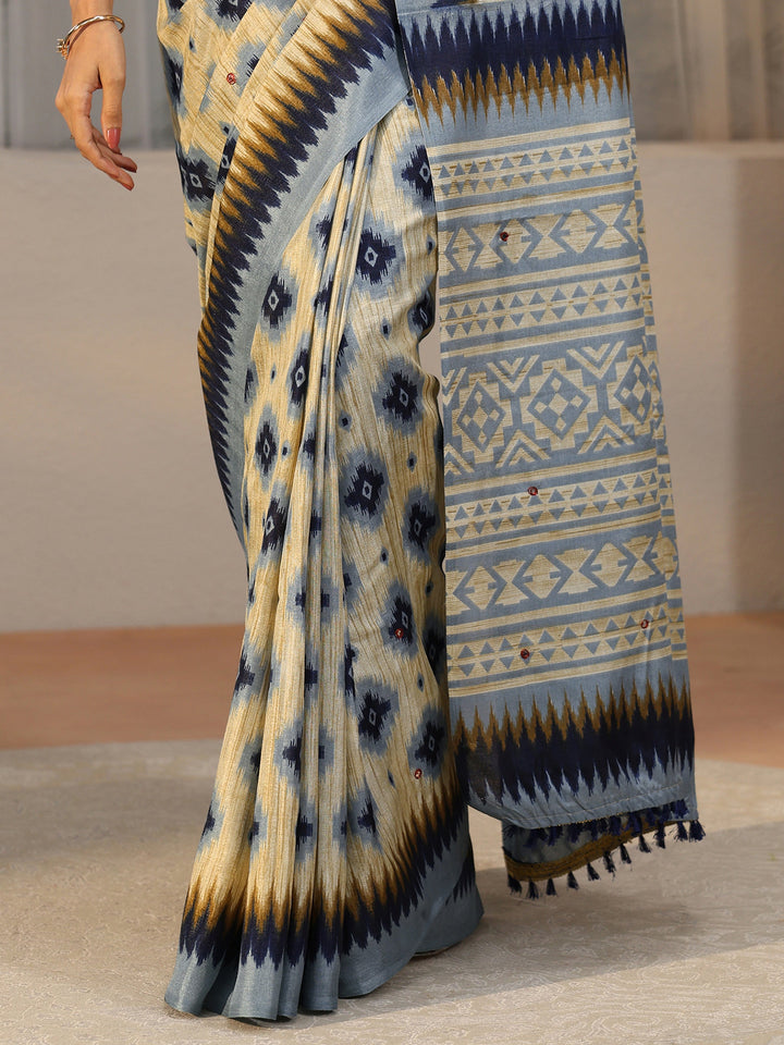Libas Beige Ikat Printed Cotton Blend Saree