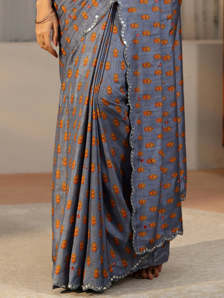 Libas Dusty Blue Printed Silk Blend Saree