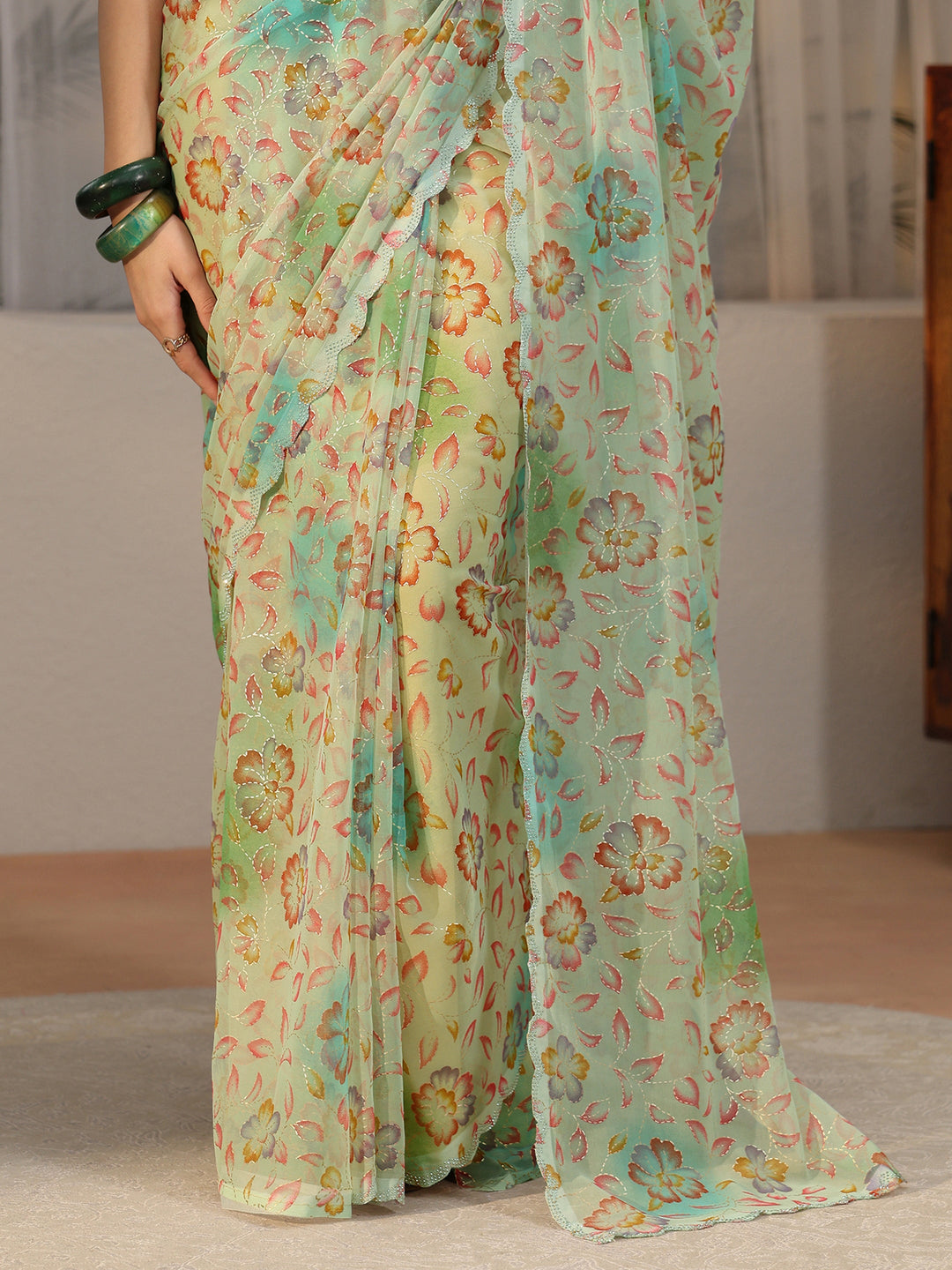 Libas Mint Green Floral Printed Georgette Saree