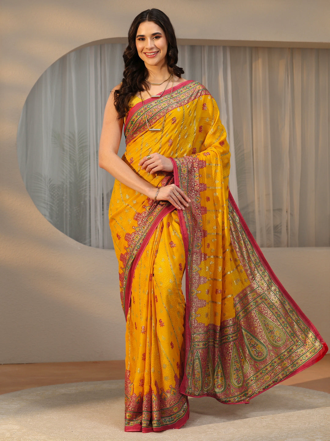 Libas Mustard Ethnic Printed Georgette Saree