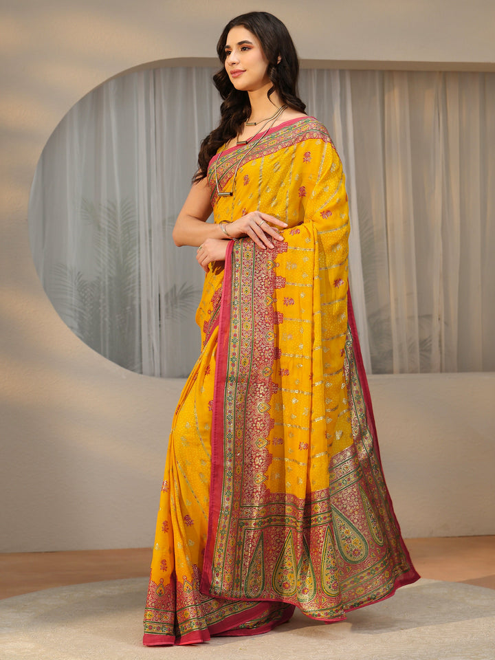 Libas Mustard Ethnic Printed Georgette Saree