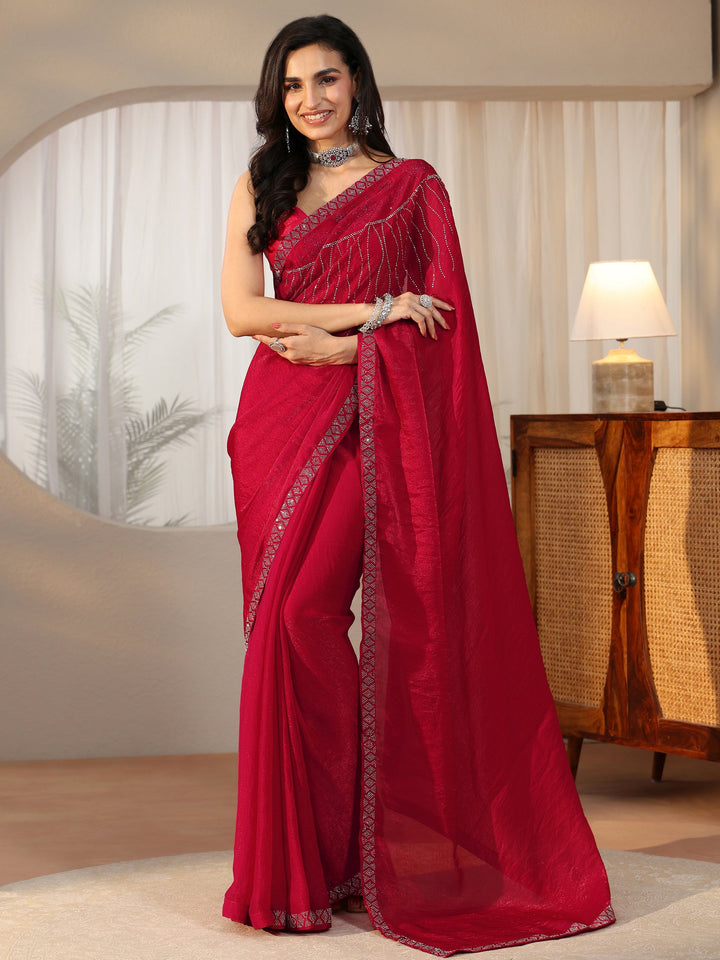 Libas Deep Magenta Pink Embellished Tissue Saree