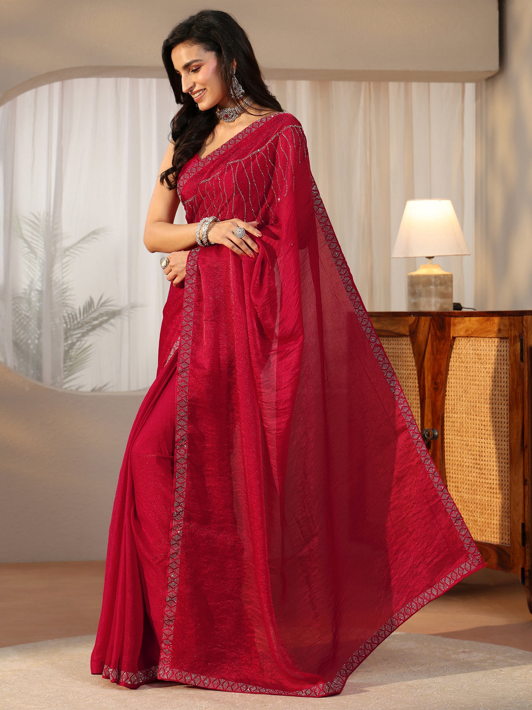 Libas Deep Magenta Pink Embellished Tissue Saree