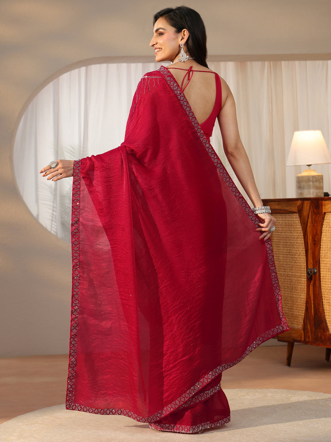 Libas Deep Magenta Pink Embellished Tissue Saree