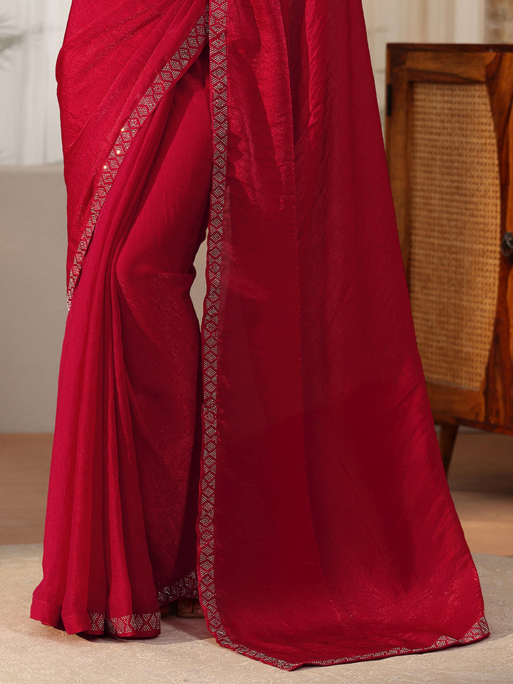 Libas Deep Magenta Pink Embellished Tissue Saree