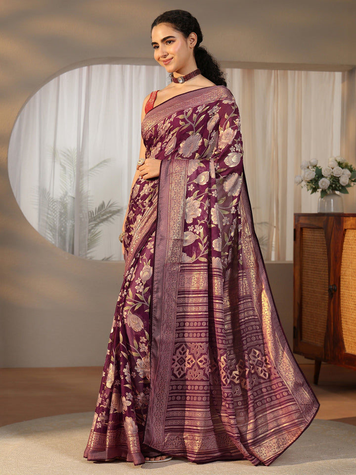 Libas Burgundy Floral Printed Silk Blend Saree with Woven Border