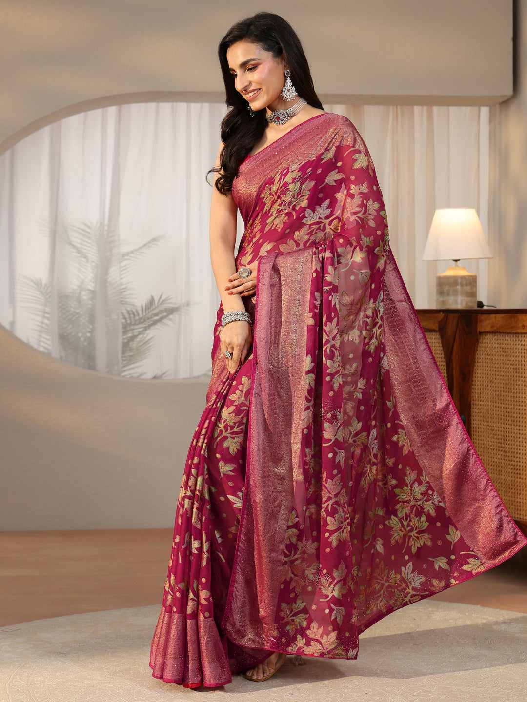 Libas Crimson Red Floral Printed Silk Blend Saree with Woven Border