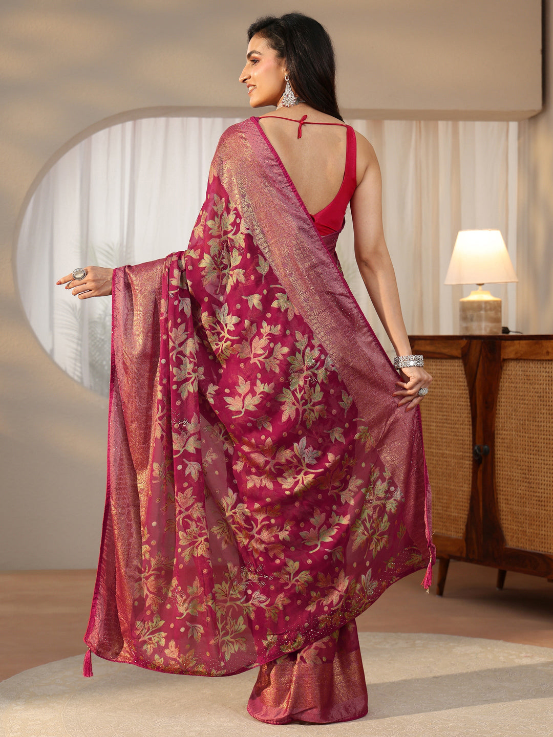 Libas Crimson Red Floral Printed Silk Blend Saree with Woven Border