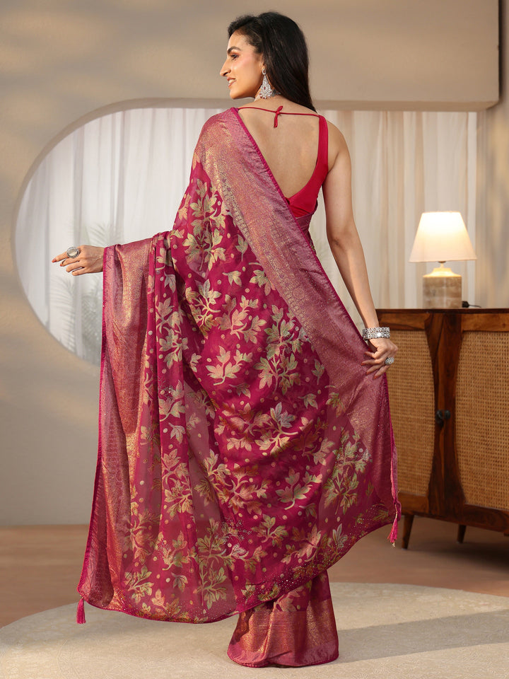 Libas Crimson Red Floral Printed Silk Blend Saree with Woven Border
