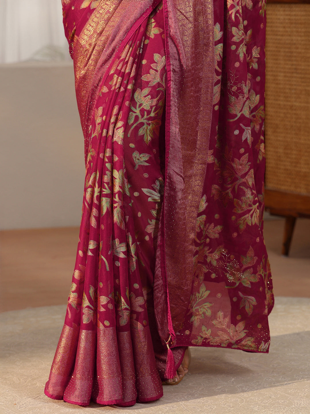 Libas Crimson Red Floral Printed Silk Blend Saree with Woven Border