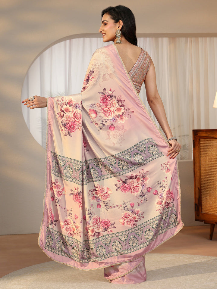 Libas Light Taupe Floral Printed Satin Saree