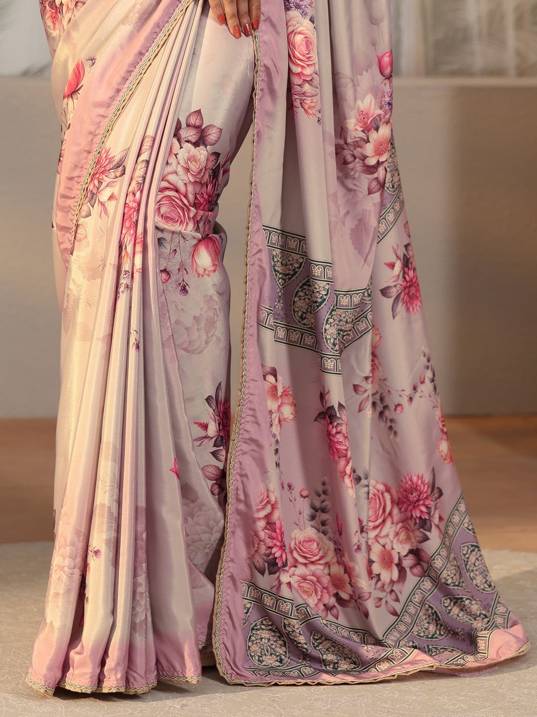 Libas Light Taupe Floral Printed Satin Saree