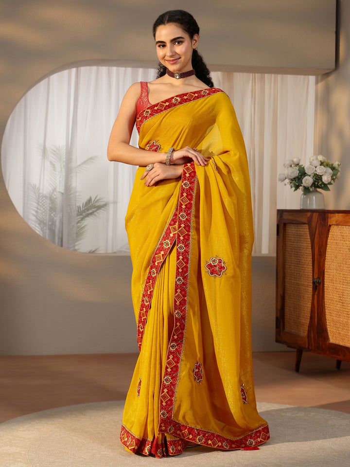 Libas Mustard Tissue Saree with Patola Border