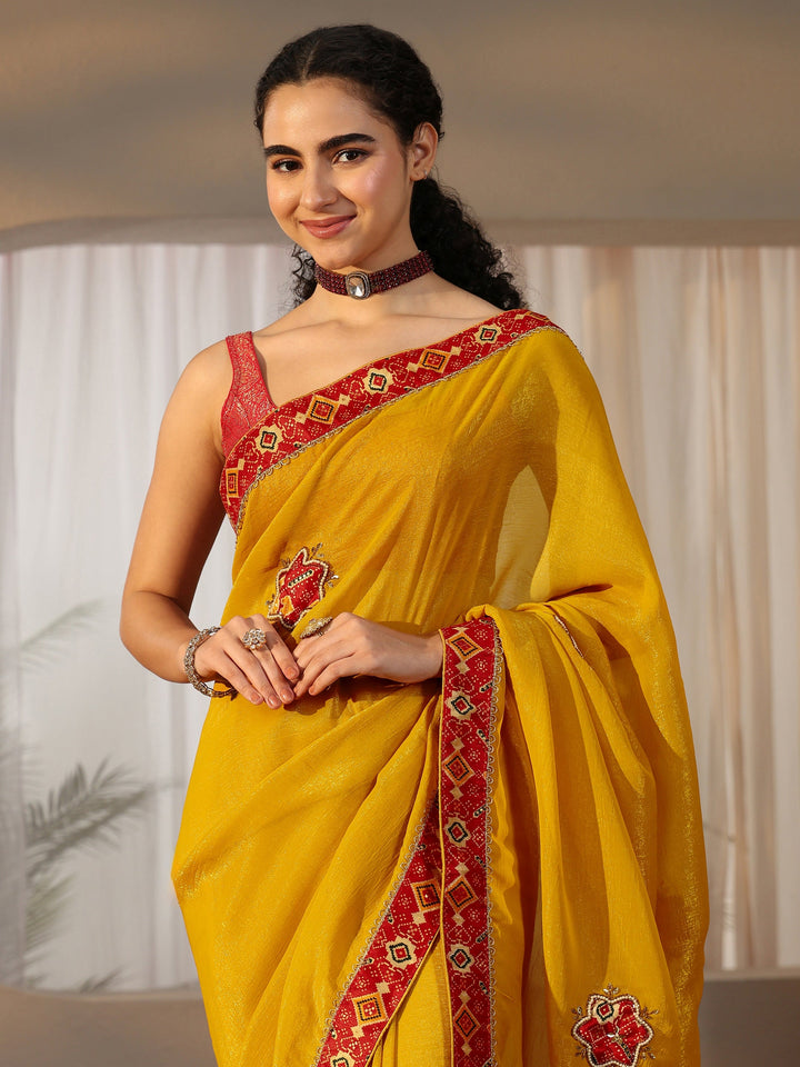 Libas Mustard Tissue Saree with Patola Border