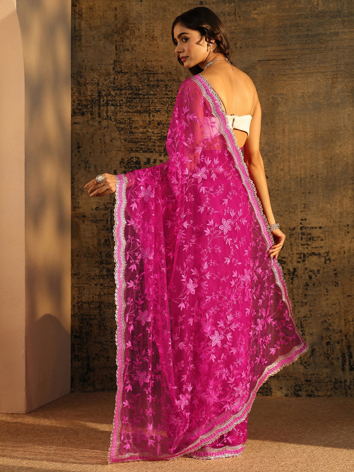 Libas Rani Pink Floral Embroidered Net Saree