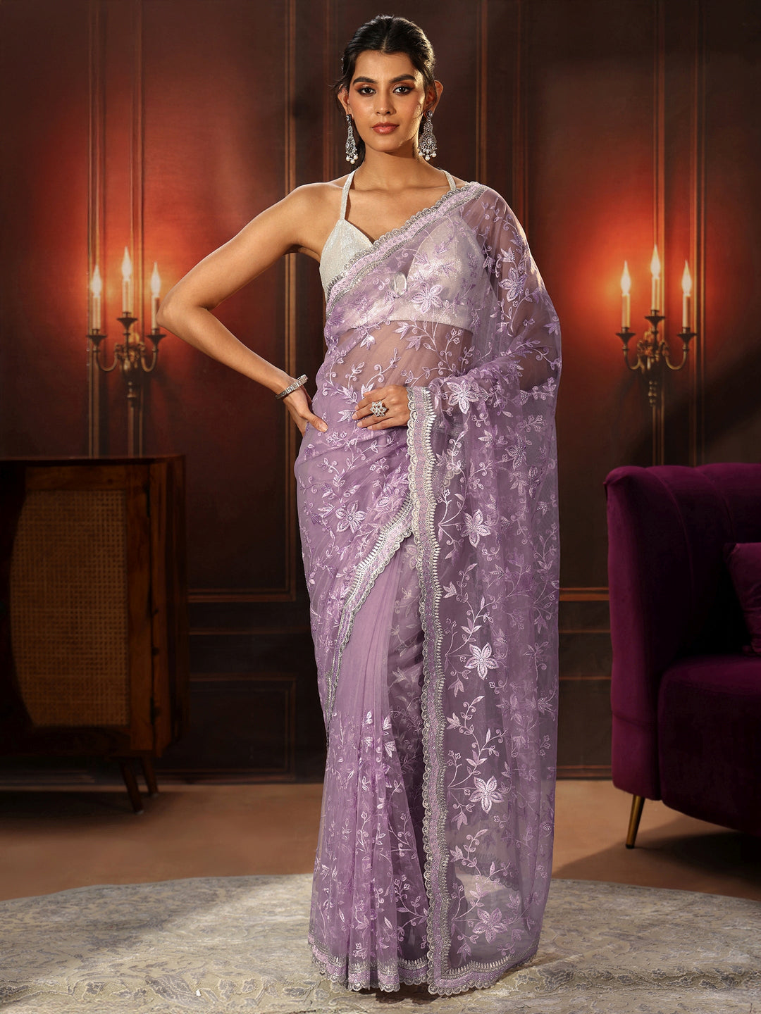 Libas Lavender Floral Embroidered Net Saree