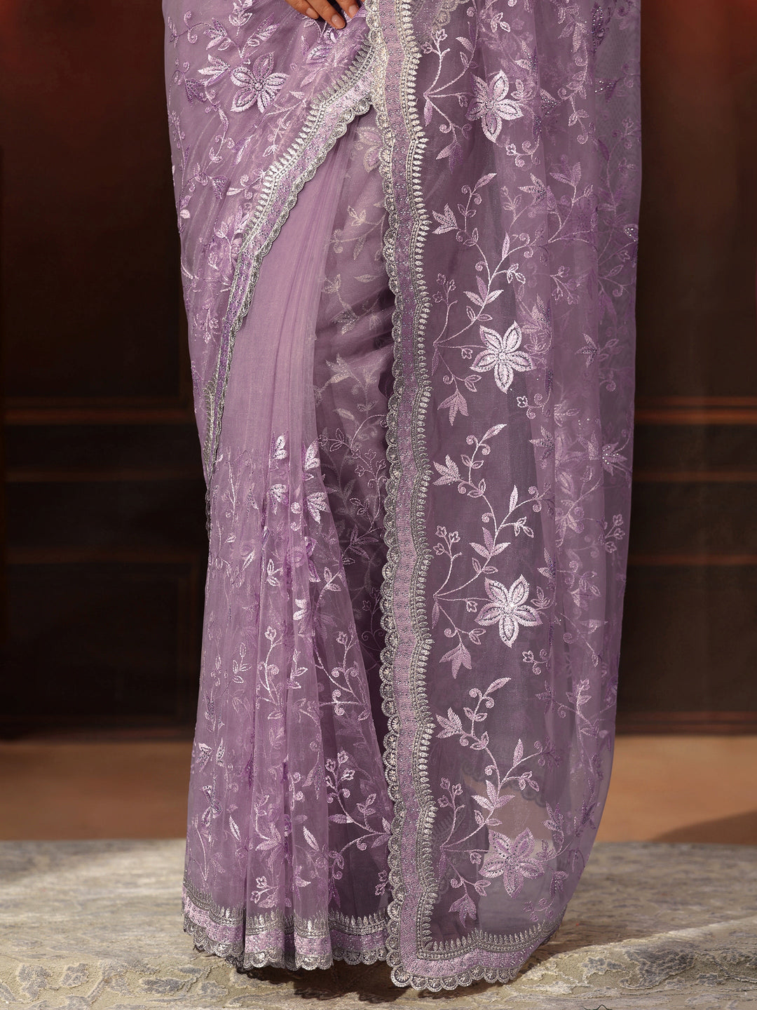 Libas Lavender Floral Embroidered Net Saree
