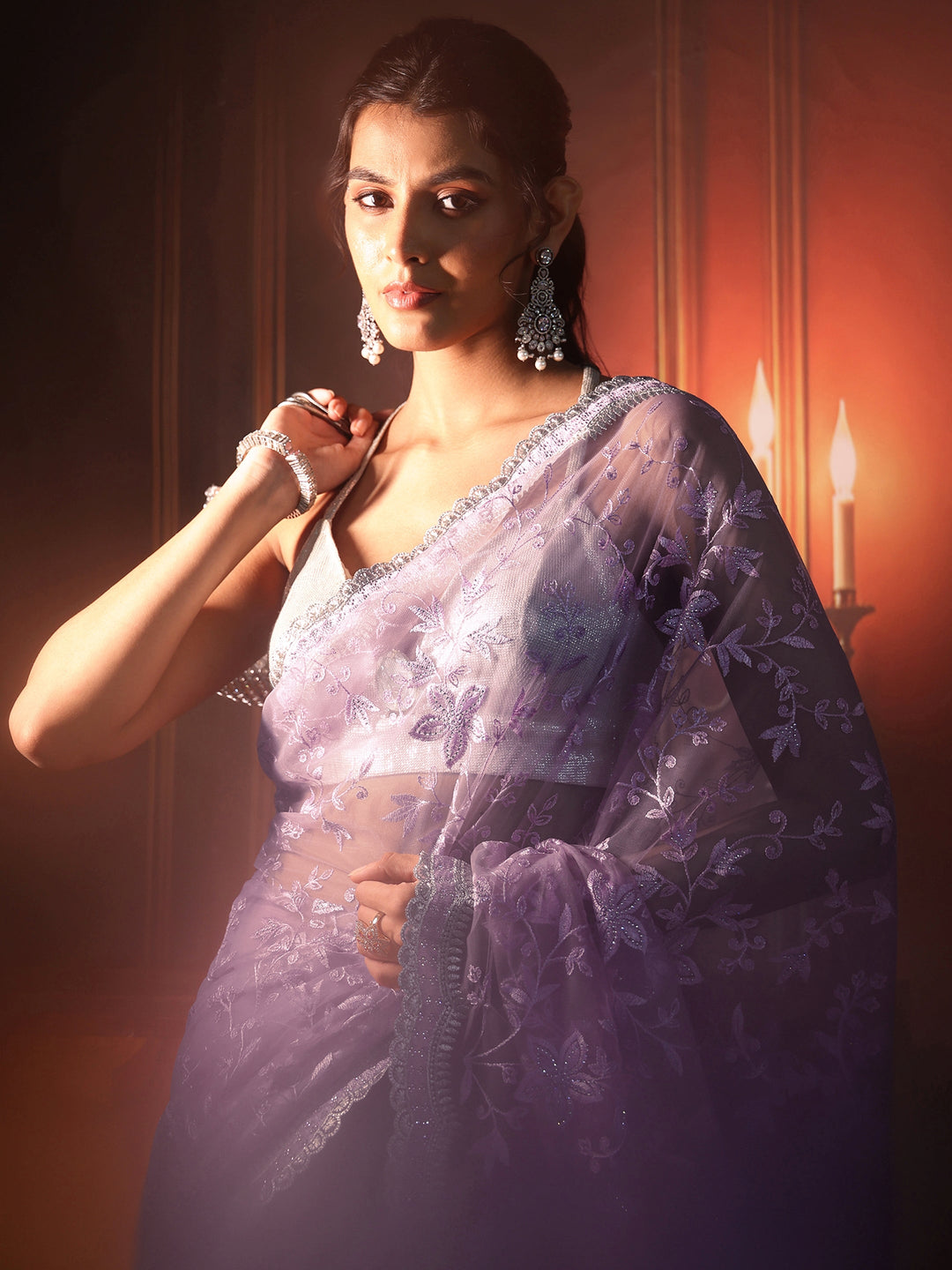 Libas Lavender Floral Embroidered Net Saree