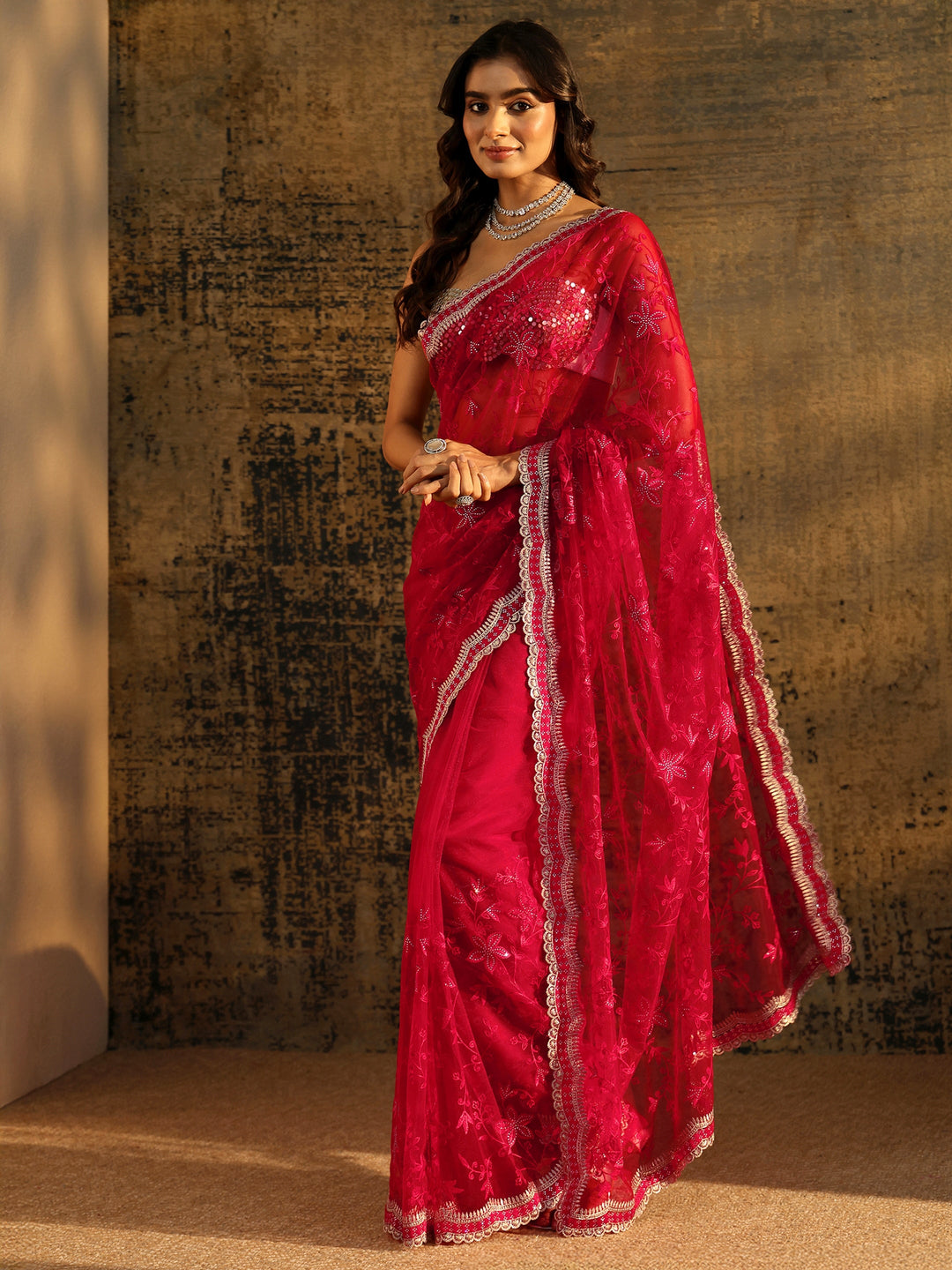Libas Vermilion Red Floral Embroidered Net Saree