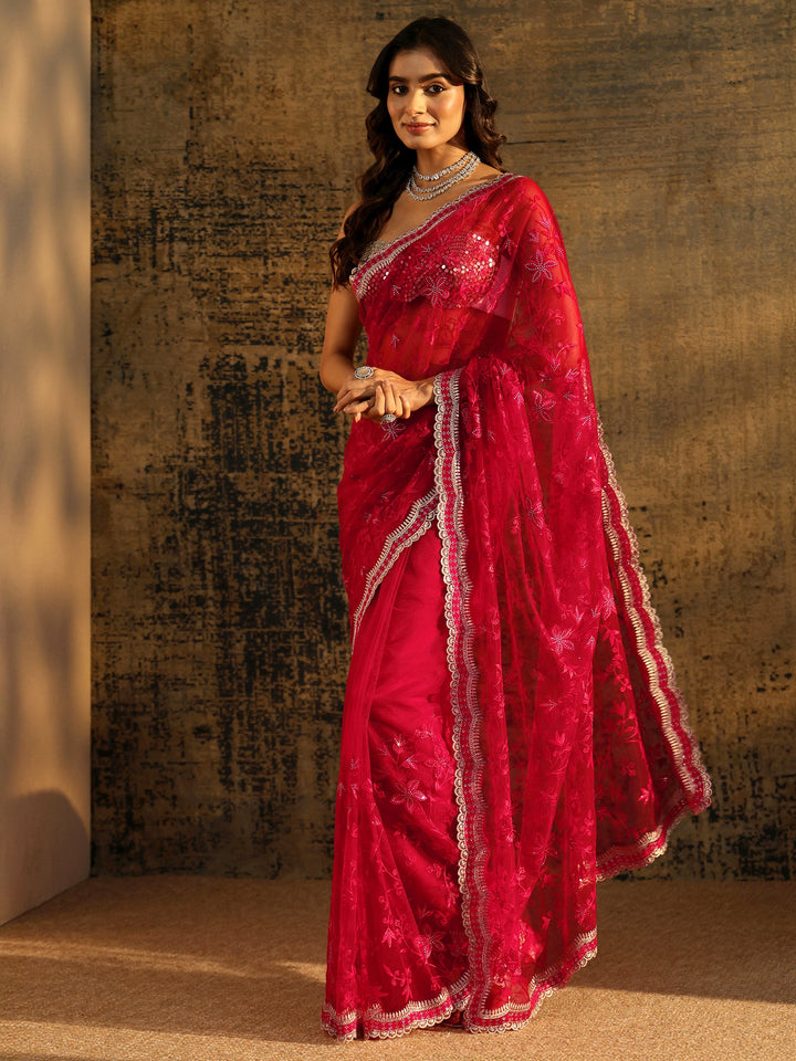 Libas Vermilion Red Floral Embroidered Net Saree