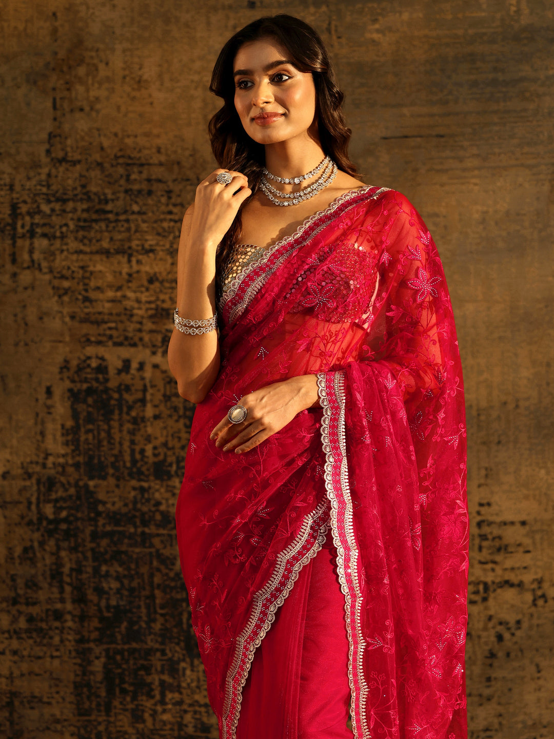 Libas Vermilion Red Floral Embroidered Net Saree