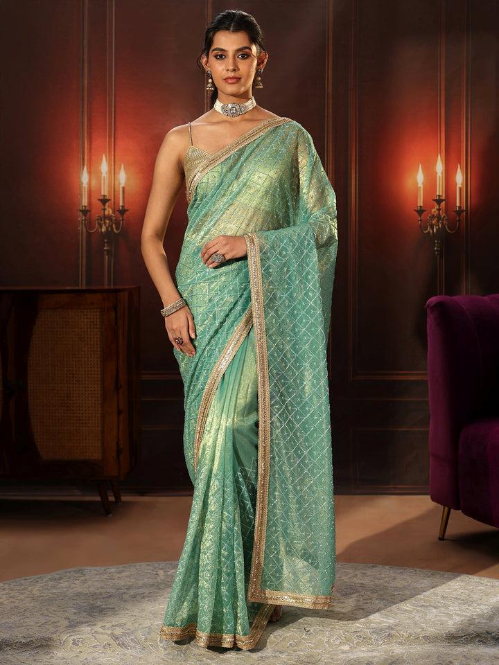 Libas Sea Blue Embellished Jaal Work Net Saree