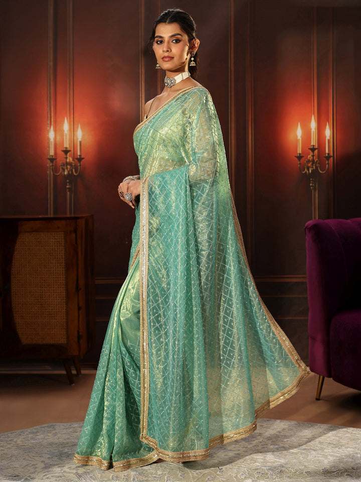 Libas Sea Blue Embellished Jaal Work Net Saree