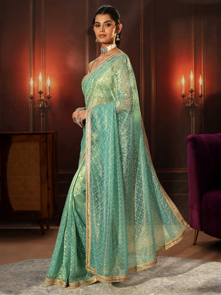 Libas Sea Blue Embellished Jaal Work Net Saree