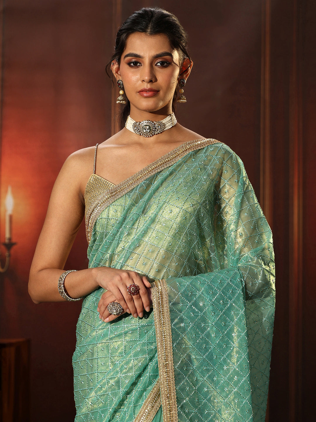 Libas Sea Blue Embellished Jaal Work Net Saree