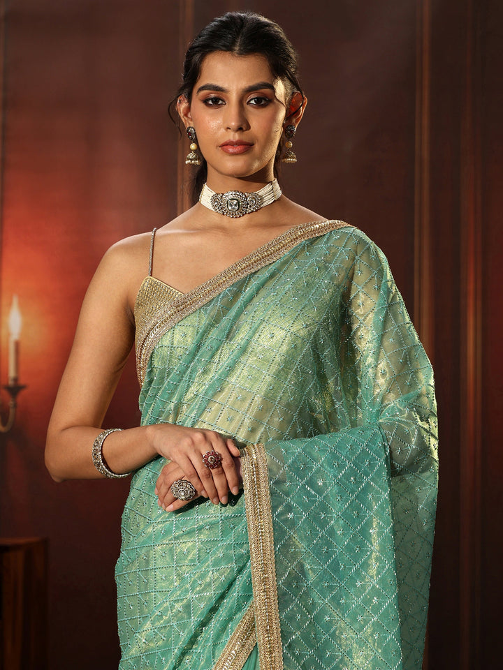 Libas Sea Blue Embellished Jaal Work Net Saree