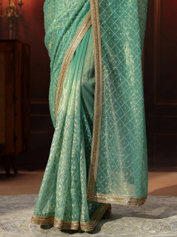 Libas Sea Blue Embellished Jaal Work Net Saree
