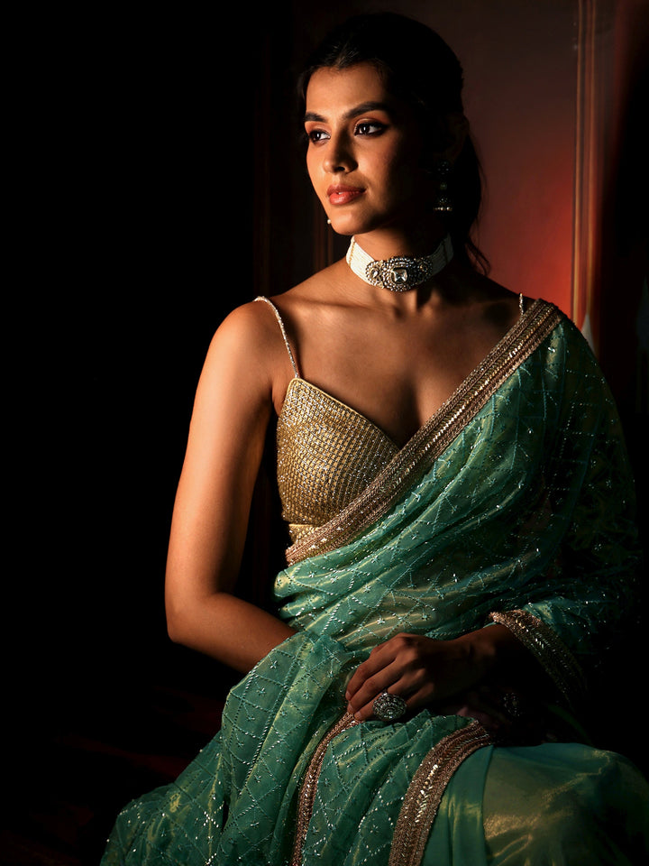 Libas Sea Blue Embellished Jaal Work Net Saree