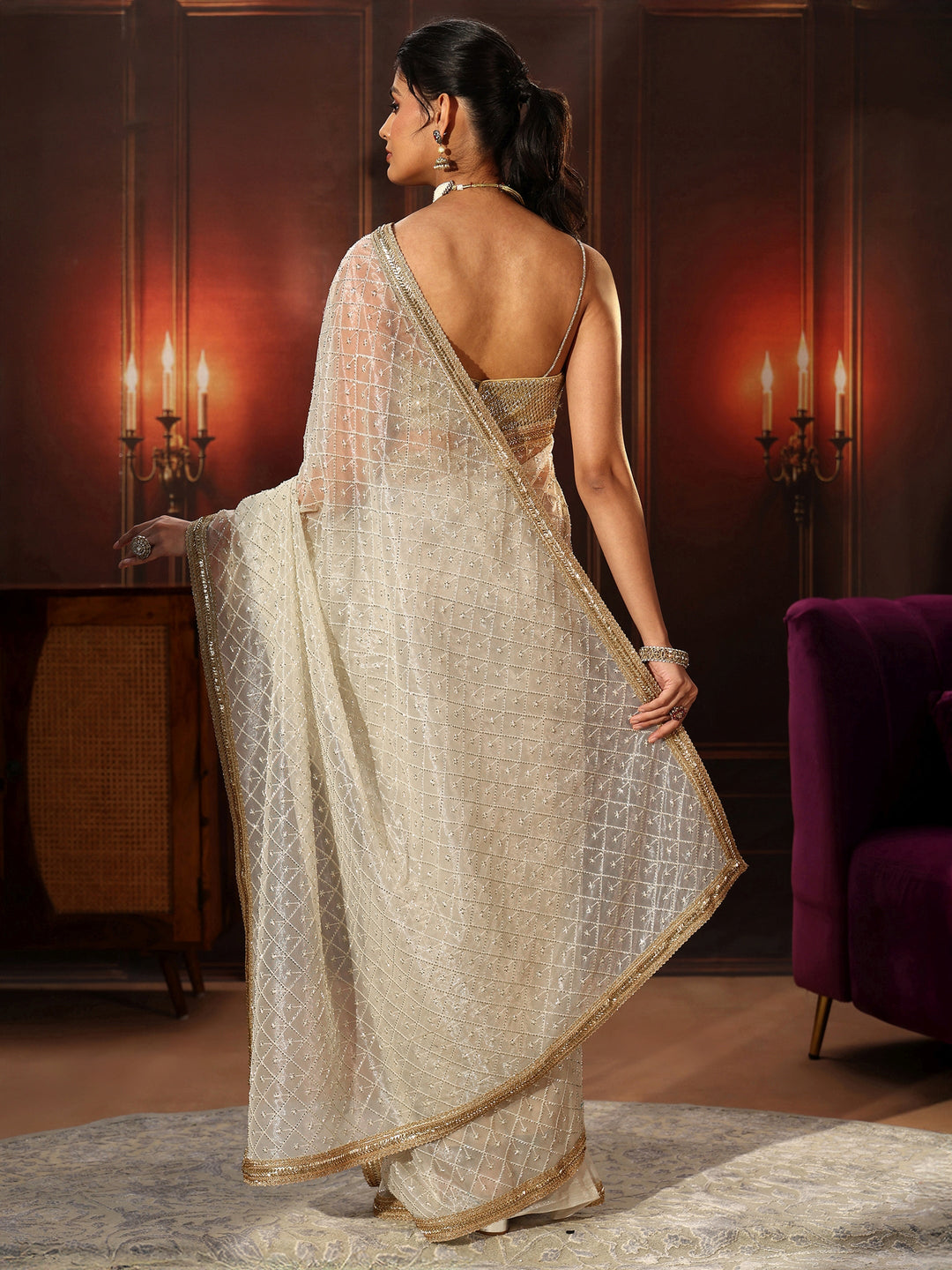 Libas Cream Embellished Jaal Work Net Saree