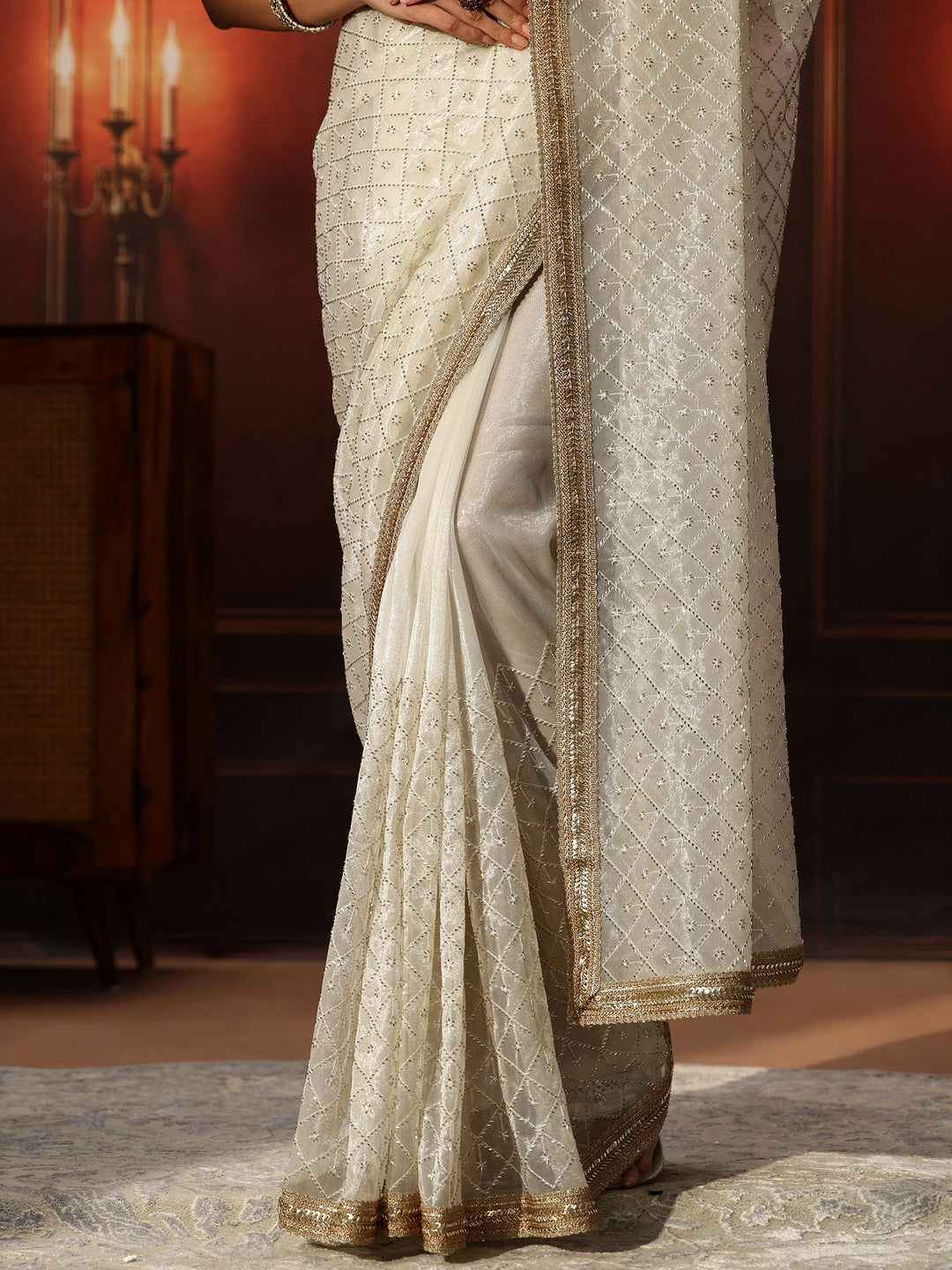 Libas Cream Embellished Jaal Work Net Saree