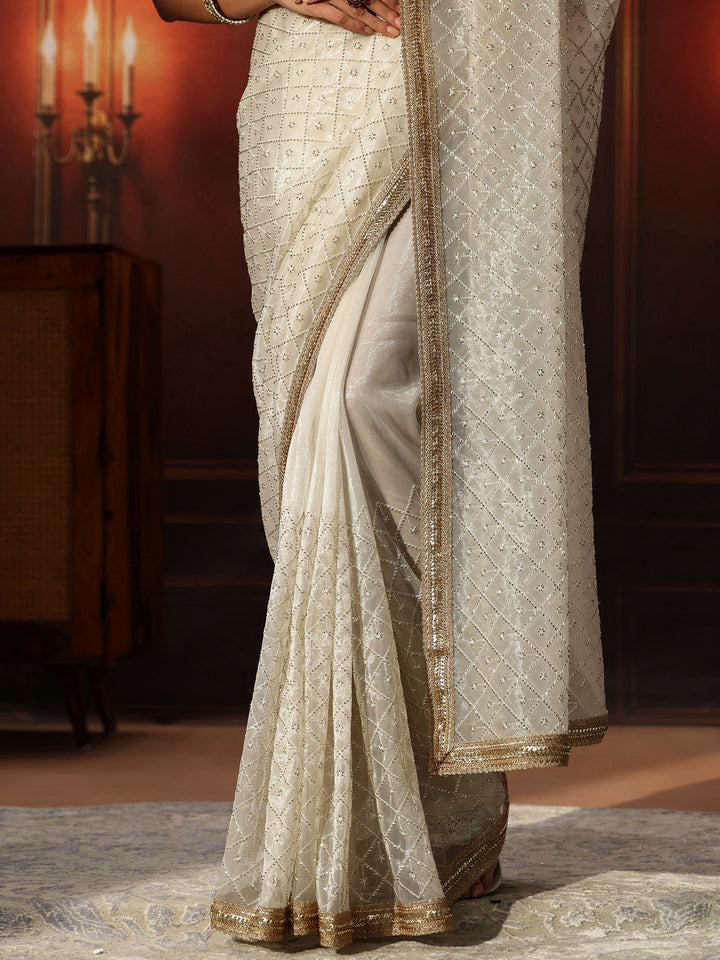 Libas Cream Embellished Jaal Work Net Saree