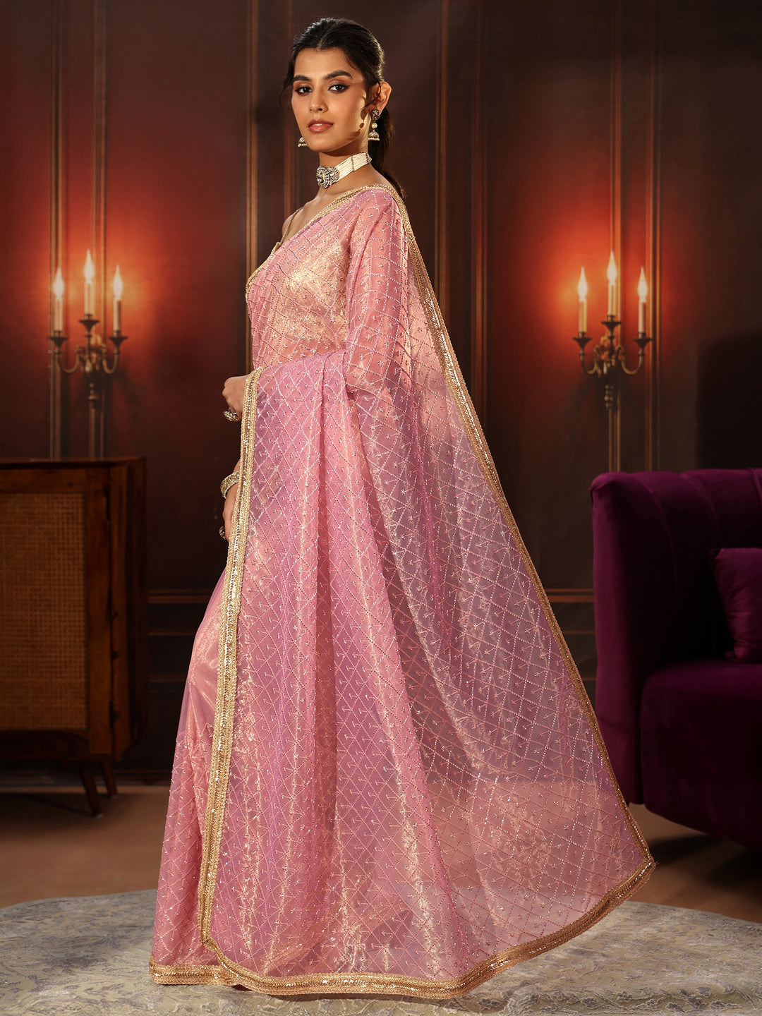 Libas Baby Pink Embellished Jaal Work Net Saree